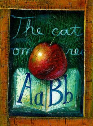 Blackboard with apple Aa Bb and ruler frame