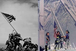Iwo Jima and firemen raising flag at Ground Zero