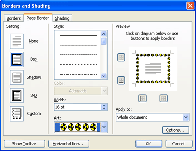 Borders and Shading Dialog box with Page Border Tab highlighted