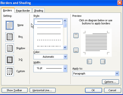Borders and Shading Dialog box with Borders Tab highlighted