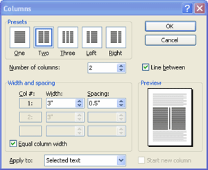 format columns dialog box