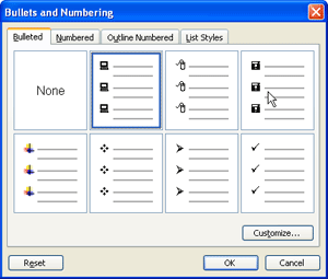 formatting bullets dialog box
