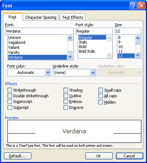Formatting Font Dialog Box 